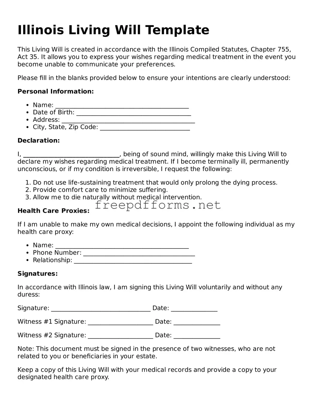 Free Living Will Form for Illinois State