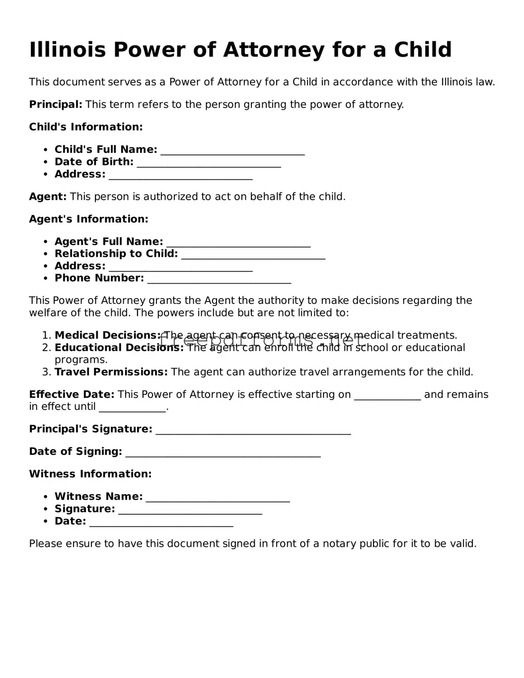 Free Power of Attorney for a Child Form for Illinois State
