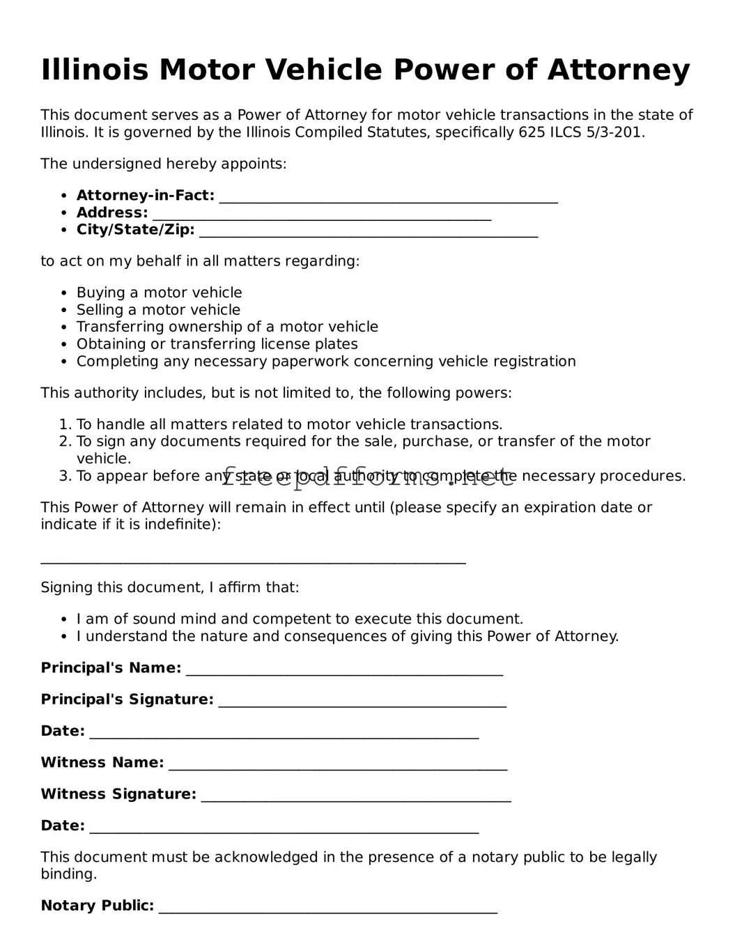 Free Motor Vehicle Power of Attorney Form for Illinois State