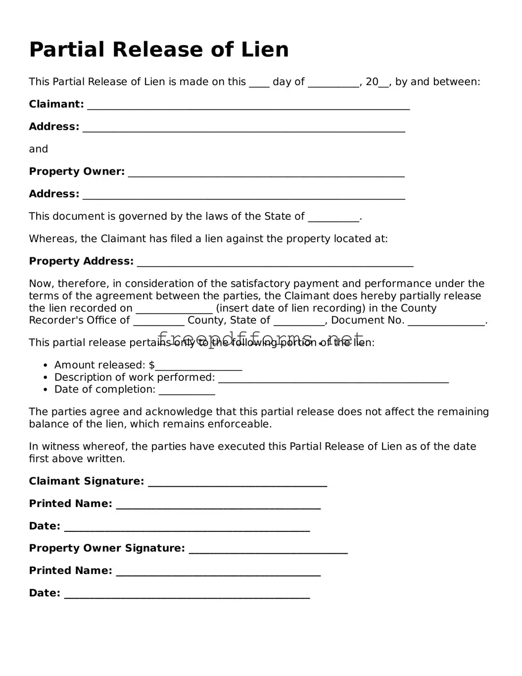 Partial Release of Lien Template