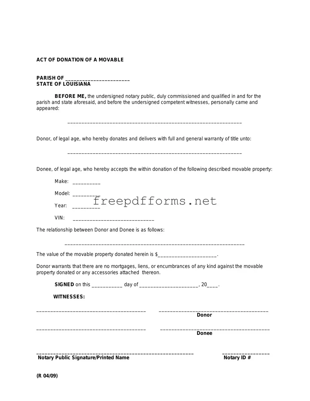 Fill a Valid Louisiana act of donation Template