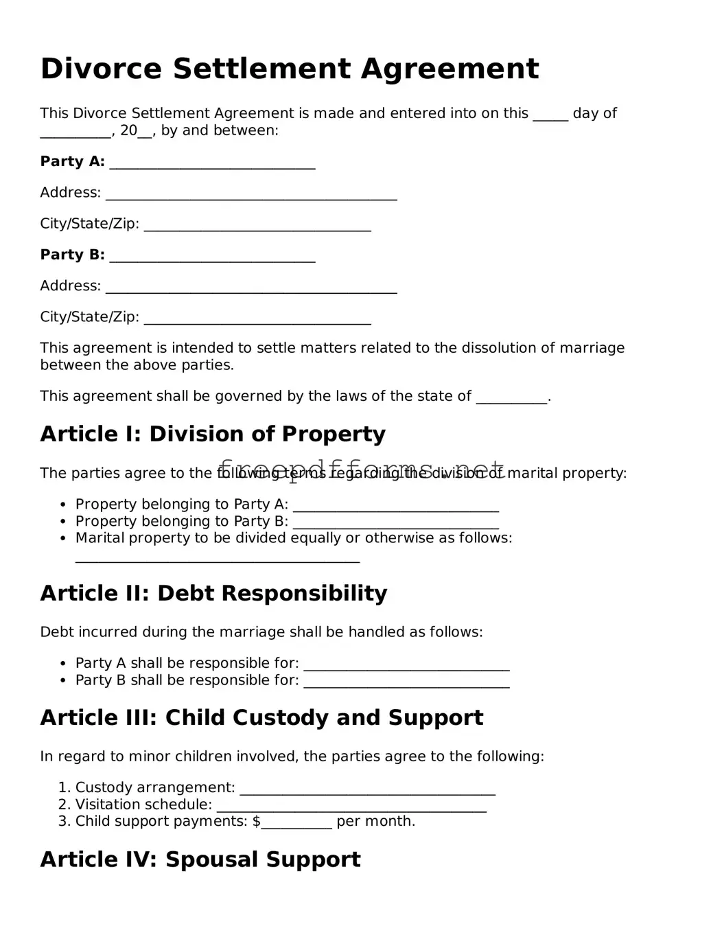 Divorce Settlement Agreement Template