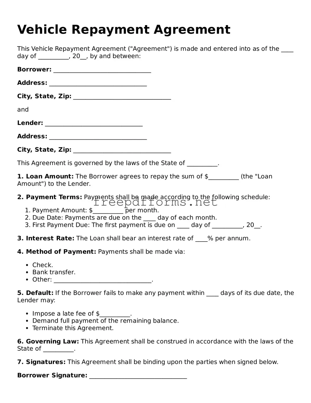Vehicle Repayment Agreement Template