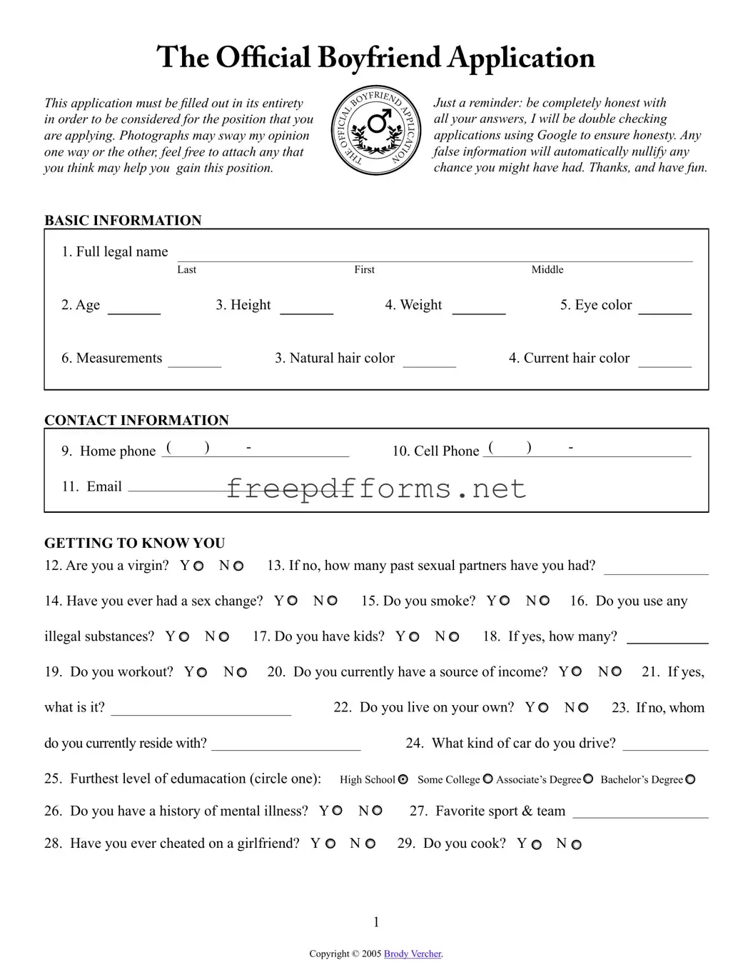Fill a Valid Boyfriend application form Template