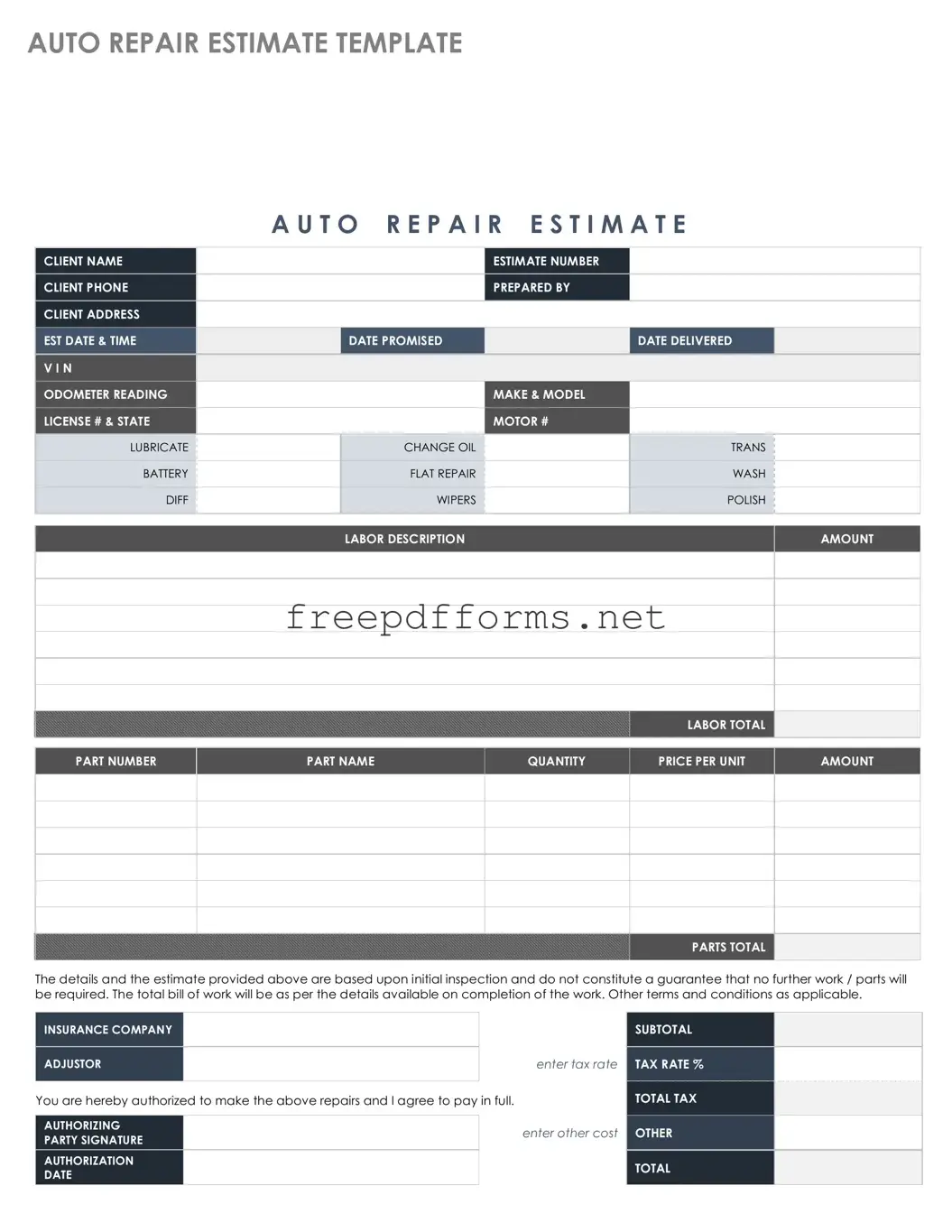 Fill a Valid Auto Repair Estimate Template