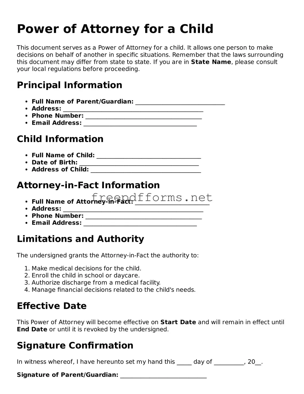 Power of Attorney for a Child Template