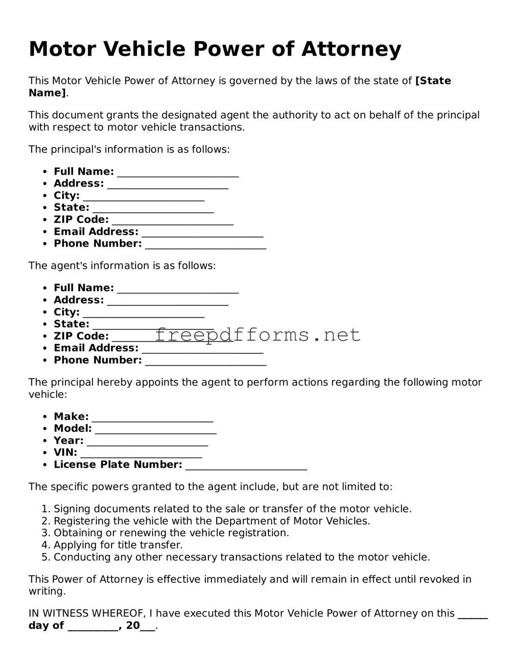 Motor Vehicle Power of Attorney Template