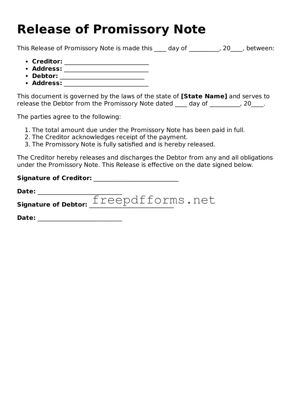 Release of Promissory Note Template