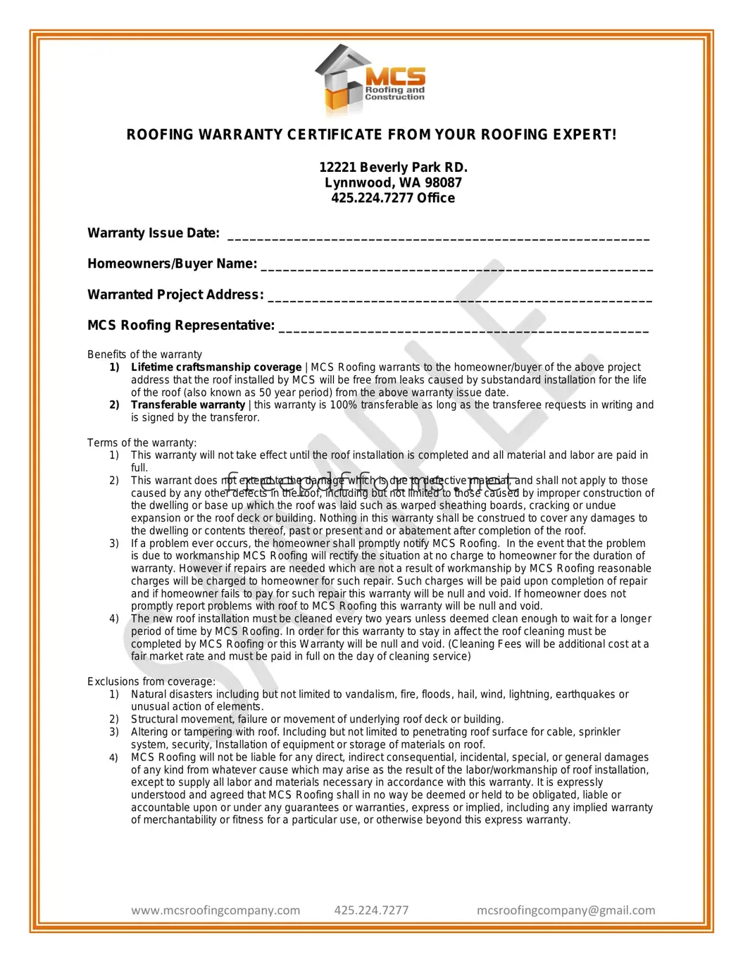 Fill a Valid Roofing Warranty Certificate Template