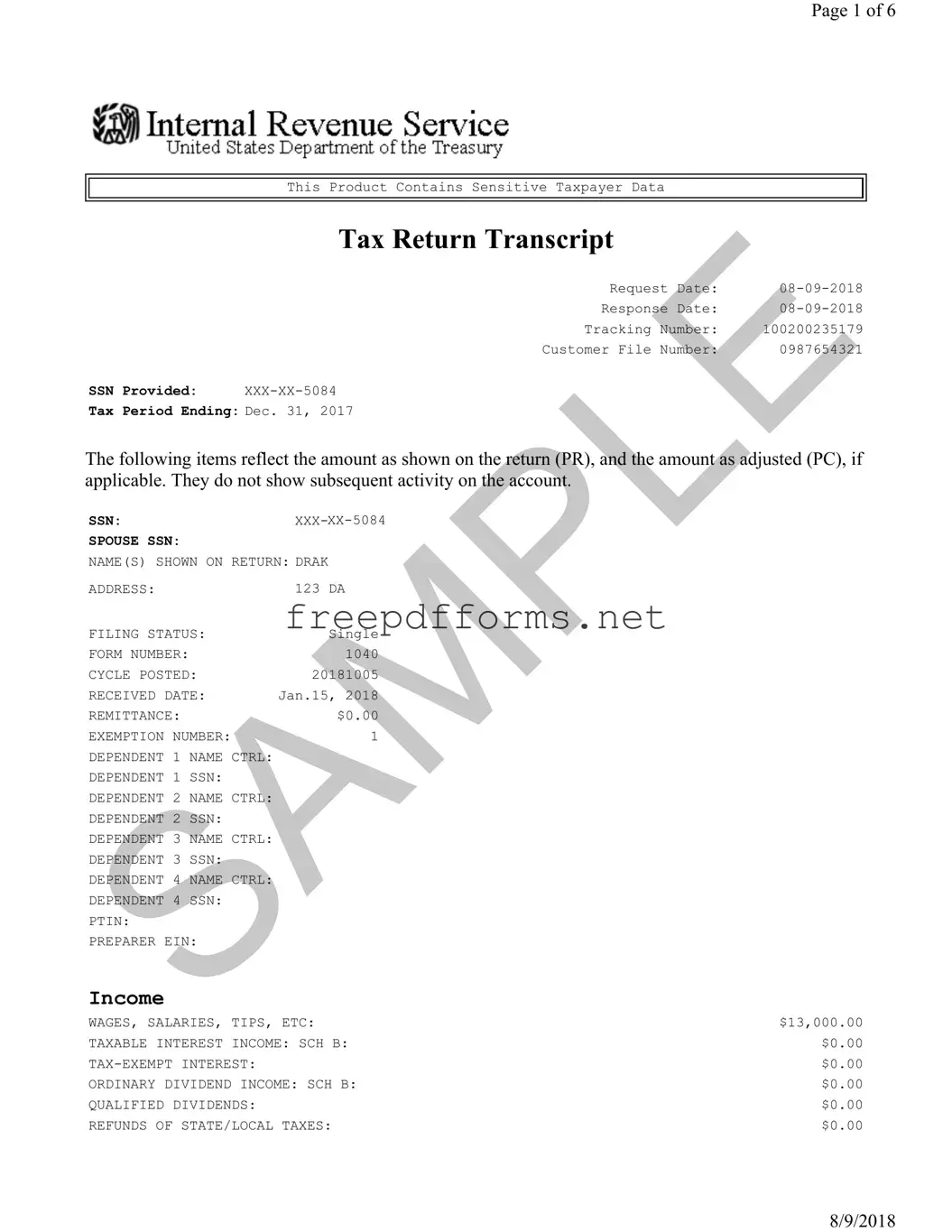 Fill a Valid Sample Tax Return Transcript Template