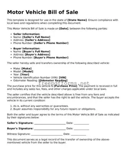 Motor Vehicle Bill of Sale Template