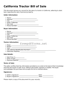 Free Tractor Bill of Sale Form for California State