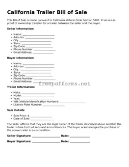 Free Trailer Bill of Sale Form for California State