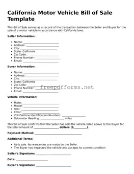 Free Motor Vehicle Bill of Sale Form for California State