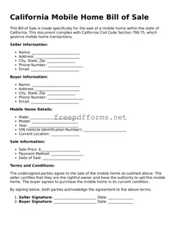 Free Mobile Home Bill of Sale Form for California State