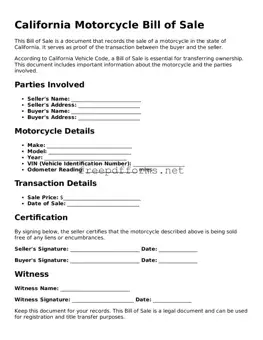 Free Motorcycle Bill of Sale Form for California State