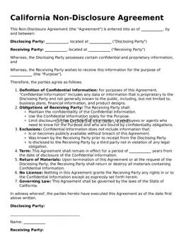 Free Non-disclosure Agreement Form for California State