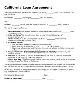 Free Loan Agreement Form for California State
