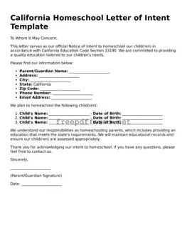 Free Homeschool Letter of Intent Form for California State