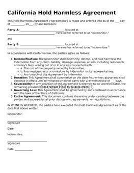 Free Hold Harmless Agreement Form for California State