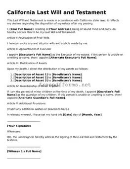 Free Last Will and Testament Form for California State