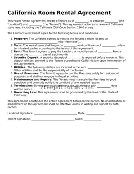 Free Room Rental Agreement Form for California State