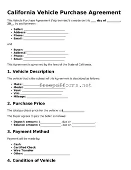 Free Vehicle Purchase Agreement Form for California State