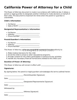 Free Power of Attorney for a Child Form for California State