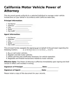 Free Motor Vehicle Power of Attorney Form for California State