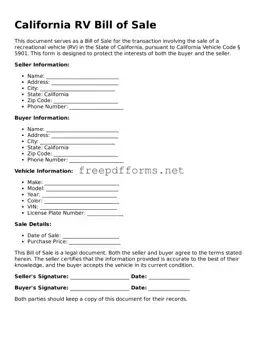 Free RV Bill of Sale Form for California State