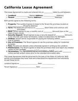 Free Lease Agreement Form for California State