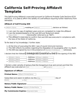 Free Self-Proving Affidavit Form for California State