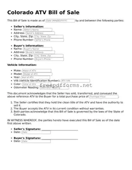 Free ATV Bill of Sale Form for Colorado State