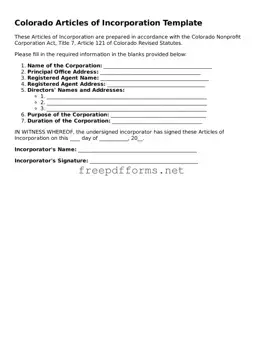 Free Articles of Incorporation Form for Colorado State
