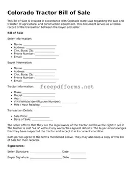 Free Tractor Bill of Sale Form for Colorado State