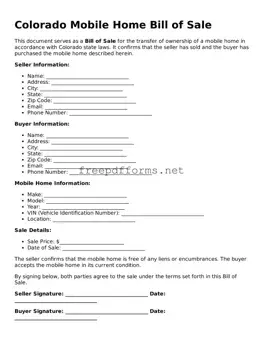 Free Mobile Home Bill of Sale Form for Colorado State
