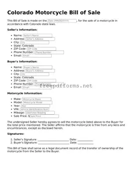 Free Motorcycle Bill of Sale Form for Colorado State