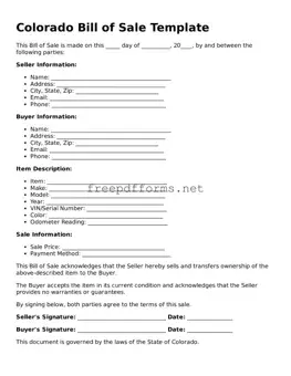 Free Bill of Sale Form for Colorado State