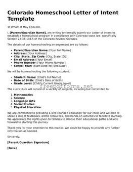 Free Homeschool Letter of Intent Form for Colorado State