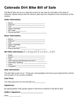 Free Dirt Bike Bill of Sale Form for Colorado State