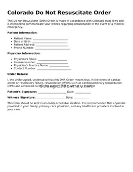 Free Do Not Resuscitate Order Form for Colorado State