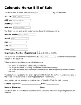 Free Horse Bill of Sale Form for Colorado State