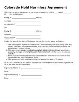 Free Hold Harmless Agreement Form for Colorado State