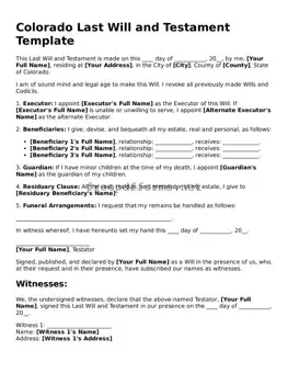 Free Last Will and Testament Form for Colorado State