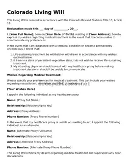 Free Living Will Form for Colorado State