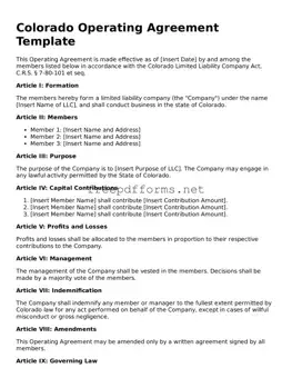 Free Operating Agreement Form for Colorado State