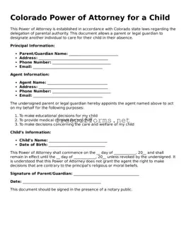 Free Power of Attorney for a Child Form for Colorado State