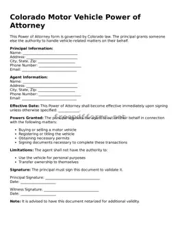 Free Motor Vehicle Power of Attorney Form for Colorado State