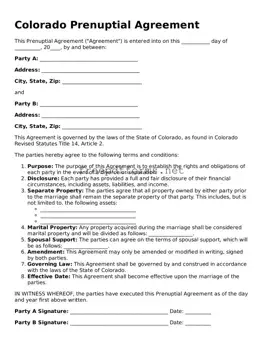 Free Prenuptial Agreement Form for Colorado State
