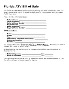 Free ATV Bill of Sale Form for Florida State